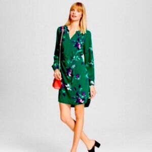 Merona Women's XS Green Purple Floral Split Neck Long Sleeve Sheath Dress